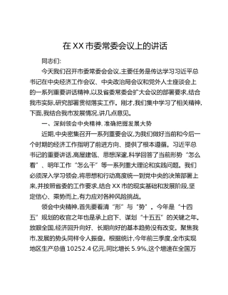 在XX市委常委会议上的讲话