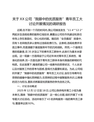 关于XX公司“我眼中的优质服务”青年员工大讨论开展情况的调研报告