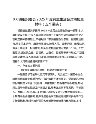 XX镇组织委员2025年度民主生活会对照检查材料（五个带头）