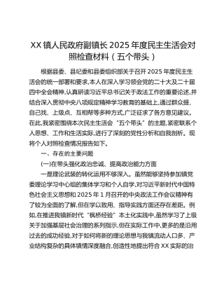 XX镇人民政府副镇长2025年度民主生活会对照检查材料（五个带头）
