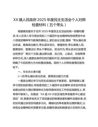 XX镇人民政府2025年度民主生活会个人对照检查材料（五个带头）