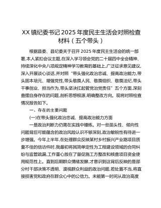 XX镇纪委书记2025年度民主生活会对照检查材料（五个带头）