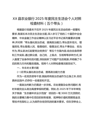 XX县农业银行2025年度民主生活会个人对照检查材料（五个带头）