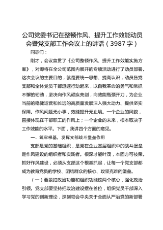 国企党委书记在整顿作风、提升工作效能动员会暨党支部工作会议上的讲话