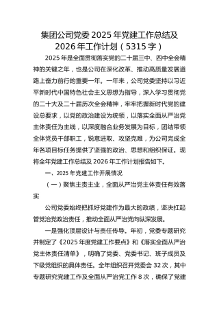 国企党委2025年党建工作总结及2026年工作计划