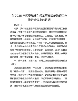 在2025年区委党建引领基层高效能治理工作推进会议上的讲话
