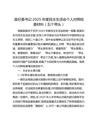 县纪委书记2025年度民主生活会个人对照检查材料（五个带头）
