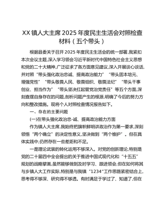 XX镇人大主席2025年度民主生活会对照检查材料（五个带头）
