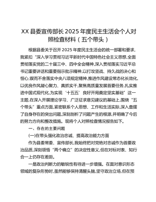 XX县委宣传部长2025年度民主生活会个人对照检查材料（五个带头）