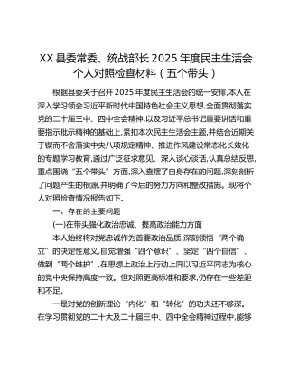 XX县委常委、统战部长2025年度民主生活会个人对照检查材料（五个带头）