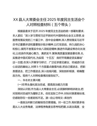 XX县人大常委会主任2025年度民主生活会个人对照检查材料（五个带头）
