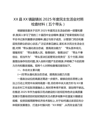 XX县XX镇副镇长2025年度民主生活会对照检查材料（五个带头）
