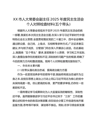 XX市人大常委会副主任2025年度民主生活会个人对照检查材料(五个带头)