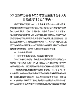 XX区政府办主任2025年度民主生活会个人对照检查材料（五个带头）