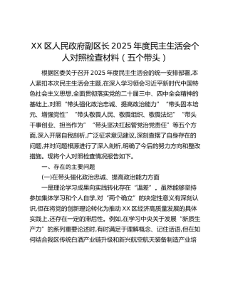 XX区人民政府副区长2025年度民主生活会个人对照检查材料（五个带头） (2)