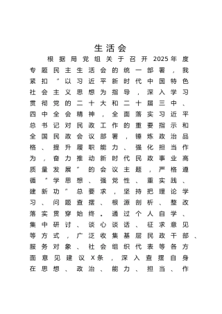 2025年度民主生活会个人对照检查（民政9500字）