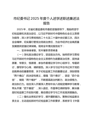 市纪委书记2025年度个人述学述职述廉述法报告