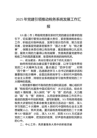 2025年党建引领推动税务系统发展工作汇报