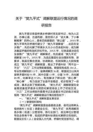 关于“樊九平式”调解联盟运行情况的调研报告