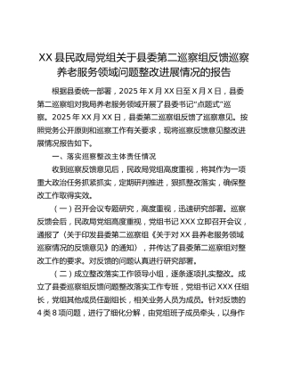 XX县民政局党组关于县委第二巡察组反馈巡察养老服务领域问题整改进展情况的报告
