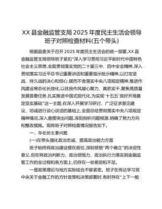 XX县金融监管支局2025年度民主生活会领导班子对照检查材料（五个带头）