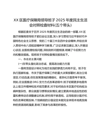 XX区医疗保障局领导班子2025年度民主生活会对照检查材料（五个带头）