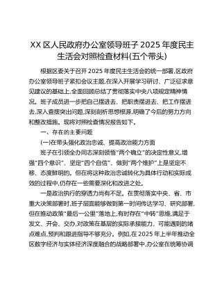 XX区人民政府办公室领导班子2025年度民主生活会对照检查材料（五个带头）_2