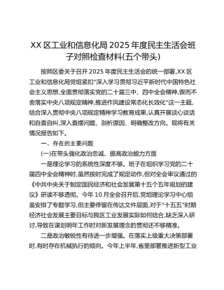 XX区工业和信息化局2025年度民主生活会班子对照检查材料(五个带头)