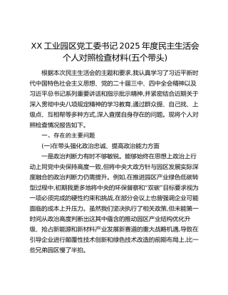 XX工业园区党工委书记2025年度民主生活会个人对照检查材料（五个带头）