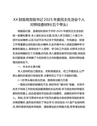XX财政局党组书记2025年度民主生活会个人对照检查材料(五个带头)
