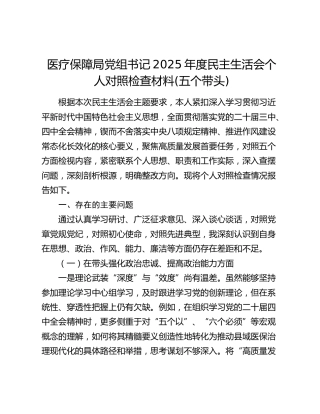 医疗保障局党组书记2025年度民主生活会个人对照检查材料(五个带头)