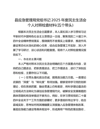 县应急管理局党组书记2025年度民主生活会个人对照检查材料(五个带头)