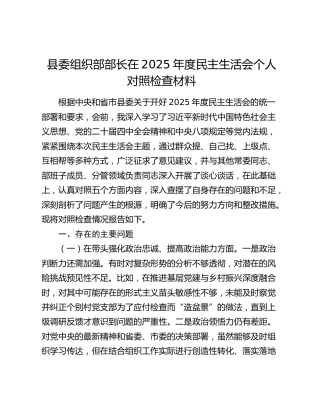 县委组织部部长在2025年度民主生活会个人对照检查材料（五个带头）