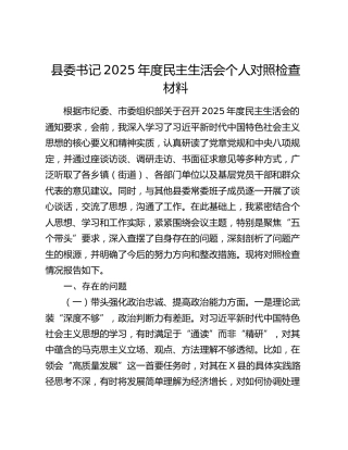 县委书记2025年度民主生活会个人对照检查材料（五个带头）