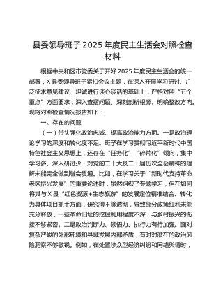 县委领导班子2025年度民主生活会对照检查材料（五个带头）