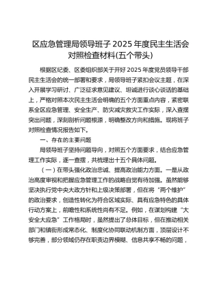 区应急管理局领导班子2025年度民主生活会对照检查材料(五个带头)