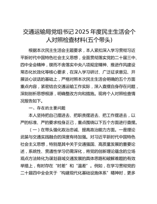 交通运输局党组书记2025年度民主生活会个人对照检查材料(五个带头)