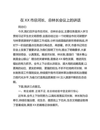 在XX市总河长、总林长会议上的讲话