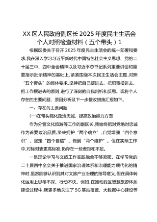 XX区人民政府副区长2025年度民主生活会个人对照检查材料（五个带头）1