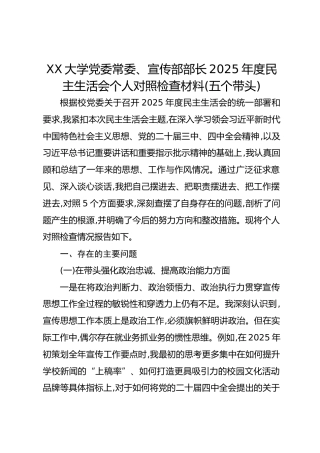 XX大学党委常委、宣传部部长2025年度民主生活会个人对照检查材料(五个带头)