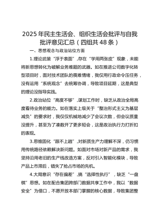 2025年民主生活会、组织生活会批评与自我批评意见汇总（四组共48条）