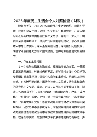 2025年度民主生活会个人对照检查（财政）