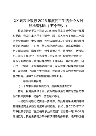 XX县农业银行2025年度民主生活会个人对照检查材料（五个带头）(1)