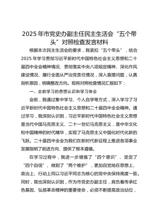 2025年市党史办副主任民主生活会“五个带头”对照检查发言材料
