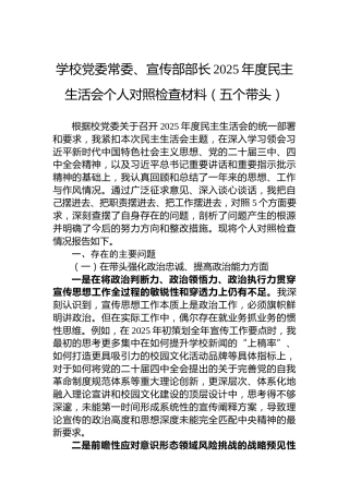 学校党委常委、宣传部部长2025年度民主生活会个人对照检查材料(五个带头)