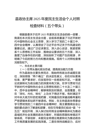 县政协主席2025年度民主生活会个人对照检查材料（五个带头）