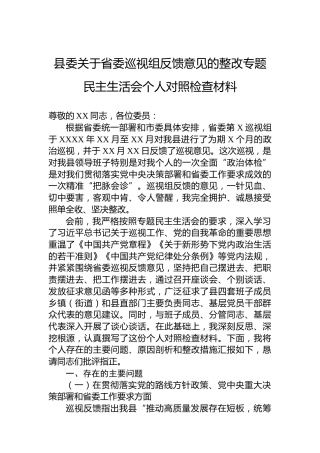 县委关于省委巡视组反馈意见的整改专题民主生活会个人对照检查材料