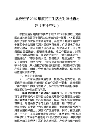 县委班子2025年度民主生活会对照检查材料（五个带头）