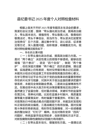 县纪委书记2025年度个人对照检查材料