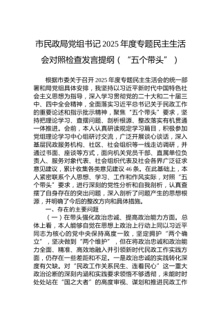 市民政局党组书记2025年度专题民主生活会对照检查发言提纲（“五个带头”）